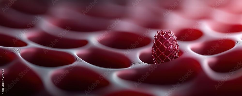 Poster a close-up view of a textured, red surface featuring a prominent raised structure, resembling a cell