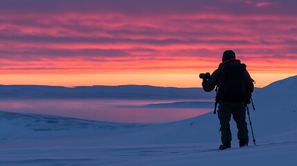 Silhouette of hiker photographing vibrant sunset over snowy landscape.