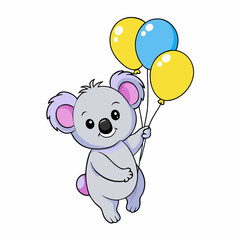 A cartoon baby koala holding three balloons