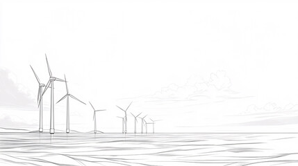Line drawing of an offshore wind farm with turbines spinning in the distance, representing renewable energy sources. 
