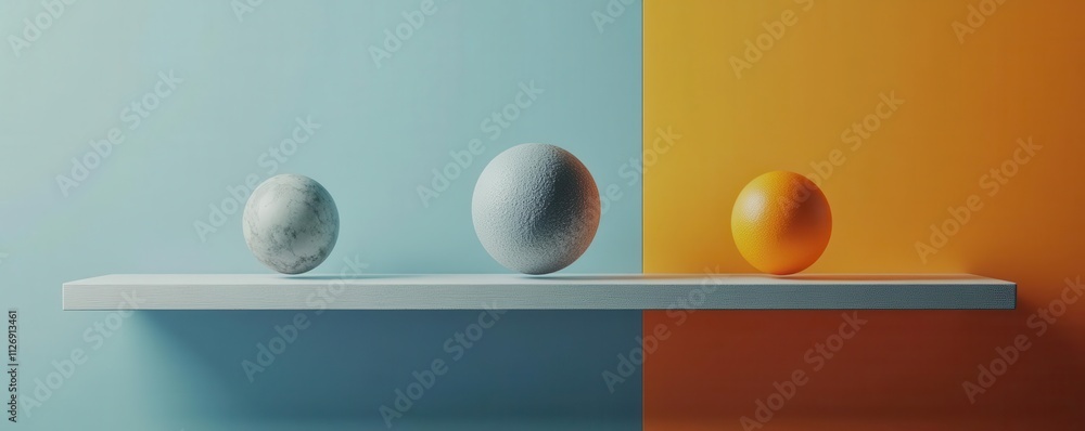Poster three textured spheres in varying colors are displayed on a shelf against a blue and orange backgrou