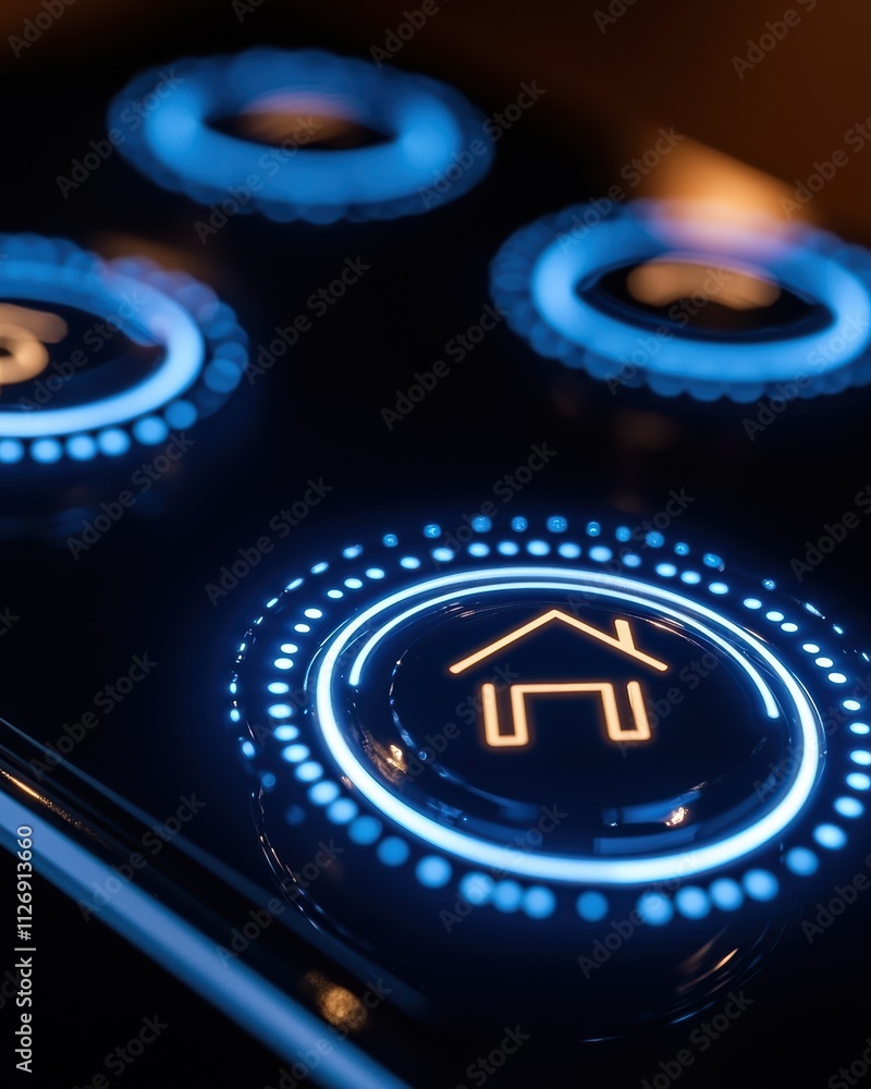 Poster a close-up view of a touch interface with illuminated buttons, featuring a prominent home icon again