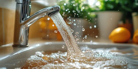 Splashing Water and Vibrant Lemons Stock Image - Minimalist Kitchen Scene