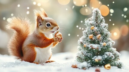 Obraz premium Playful Squirrel Holding Ornament Near Small Christmas Tree