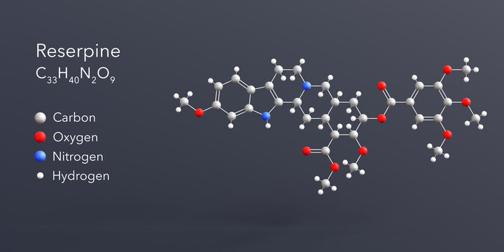 reserpine molecule 3d rendering, flat molecular structure with chemical formula and atoms color coding