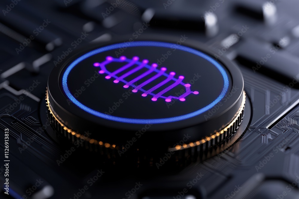 Poster a sleek, futuristic design showcases a circular element with a glowing purple pattern on a dark, hig