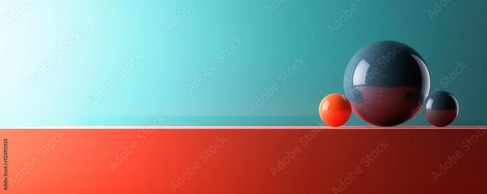 Poster a minimalistic composition featuring three spheres of varying sizes against a gradient background, e