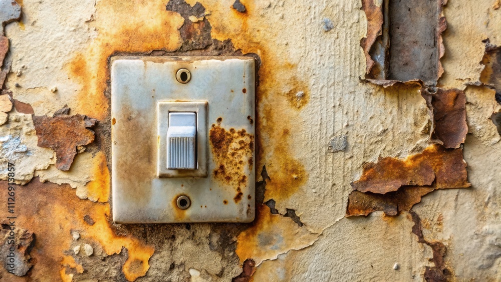 Poster a weathered light switch on a peeling and rusty wall, a testament to time and the passage of years