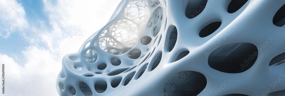 Poster a futuristic structure featuring organic forms and smooth surfaces, blending architecture with natur