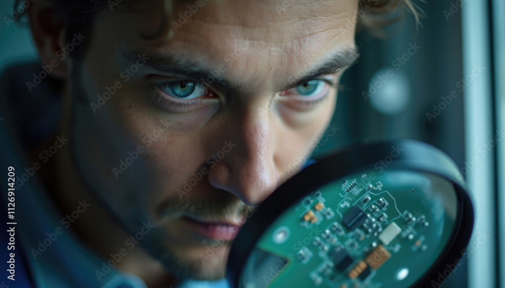 Poster man examines circuit board with magnifying glass showing expertise.