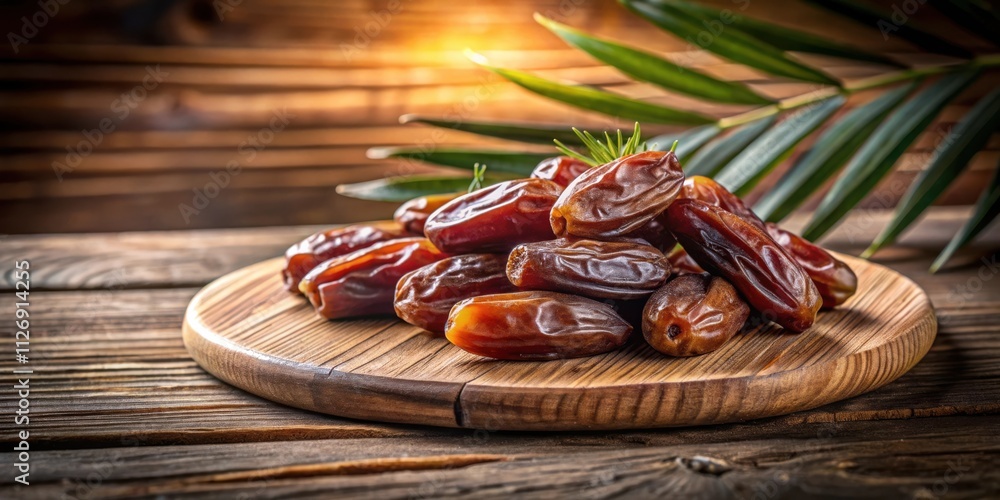 Poster a close-up of dried dates on a wooden cutting board with a palm leaf in the background, showcasing t
