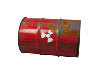 Red barrel with radioactive waste. Nuclear warning sign. Rusty dangerous barrel with radionuclide, hazardous toxins on isolated background
