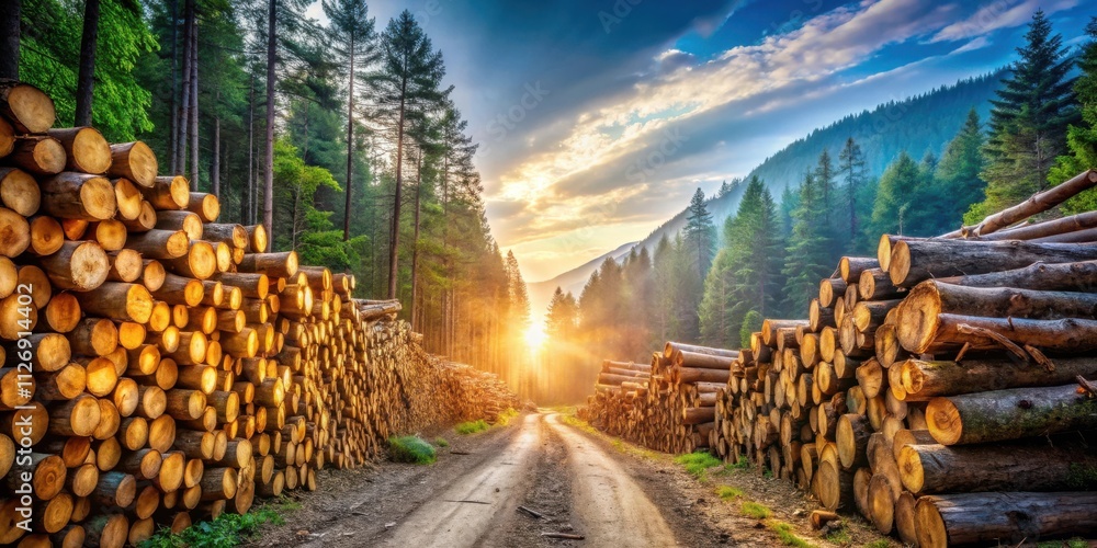 Poster sun-drenched forest path lined with stacked logs, glowing with the warmth of a golden sunset.
