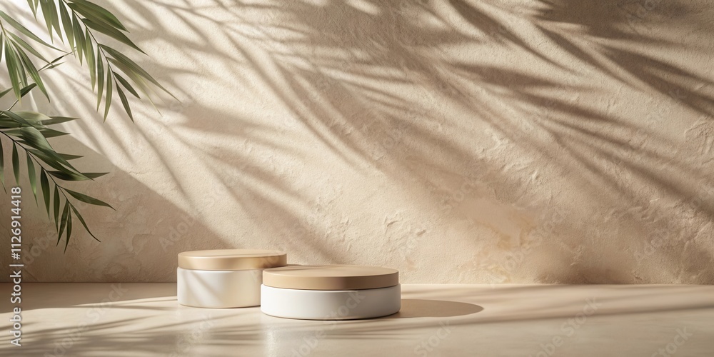 Poster minimalist product display with natural light and palm leaf shadows