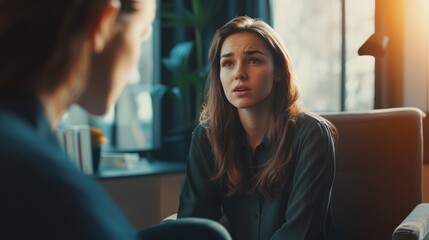 Psychologist and young woman discussing mental wellness during therapy session in office
