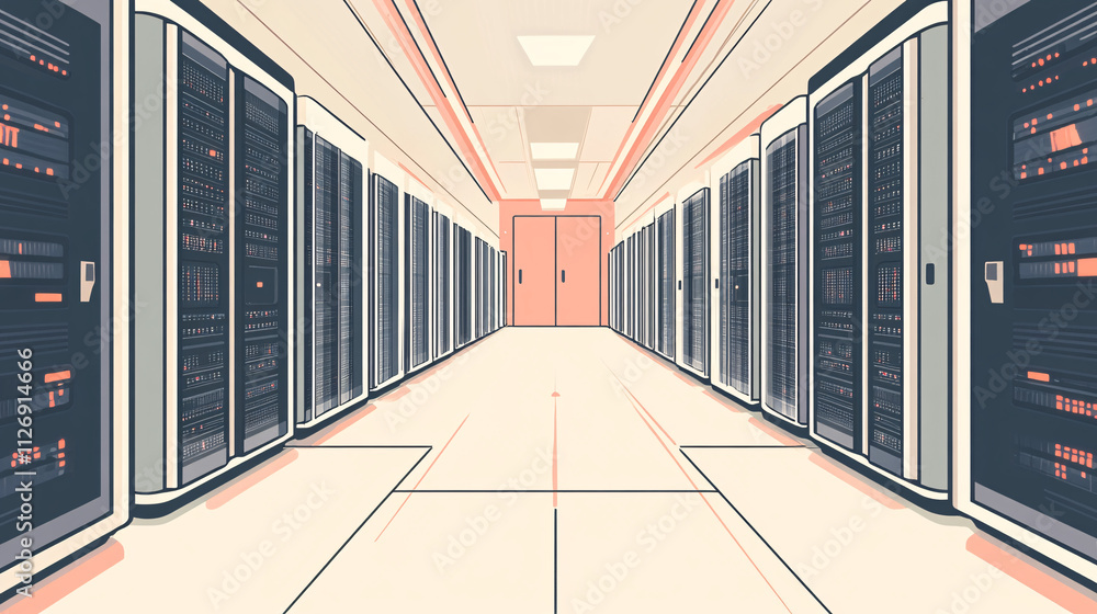 Poster minimalist line illustration of a futuristic data center with rows of servers and cooling systems, r