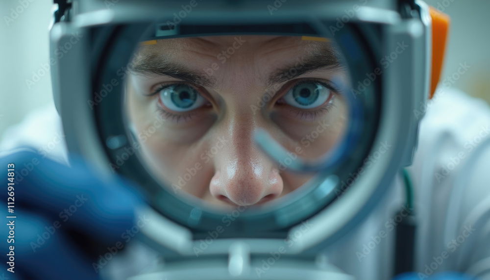 Poster scientist intently examines work through magnifying device.