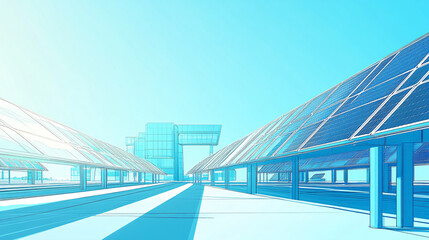 Minimalist line illustration of a futuristic solar power plant with large photovoltaic panels under a clear sky, showcasing renewable energy. 
