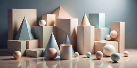 An Abstract Composition of Geometric Shapes in Pastel Tones on a Reflective Surface