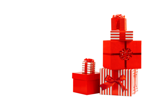 Christmas, New Year gift boxes for holidays promotions. Red and striped wrappers, lush bows on isolated background.