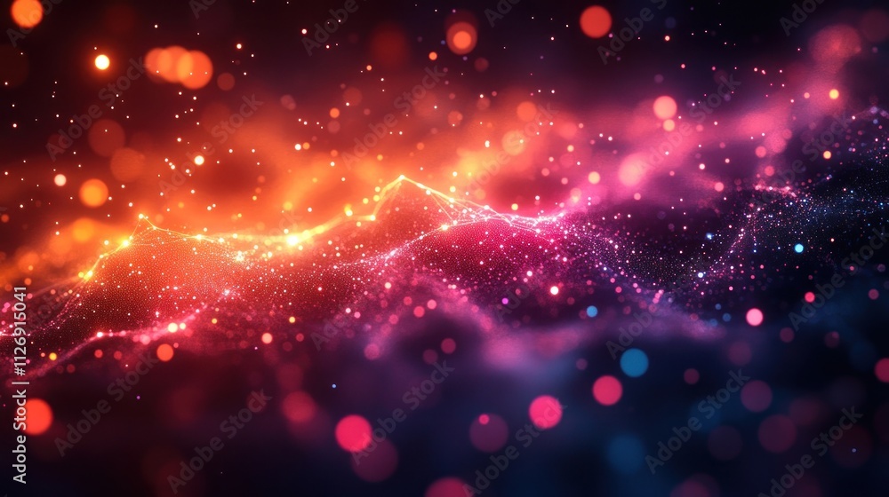 Poster abstract colorful wave with glowing particles.