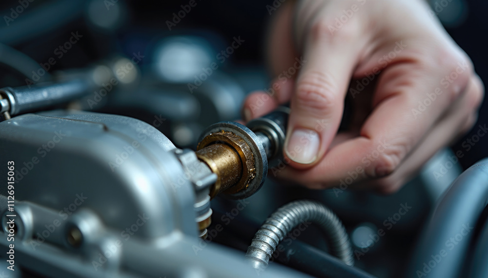 Poster a close up shows a hand adjusting a metallic machine part with precision.