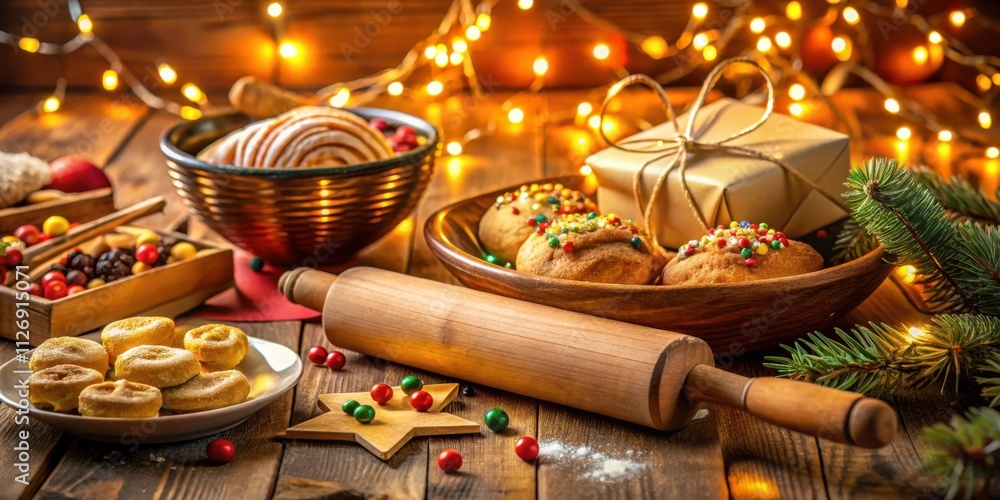 Poster A festive table setting with cookies, a rolling pin, and a wrapped gift, all illuminated by warm string lights.
