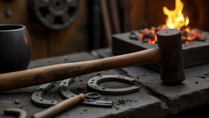 Historical Blacksmith's Shop Showcasing a Sledgehammer Amidst Tools, Coals, and Craftsmanship