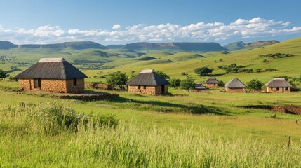 Obraz premium Scenic view of traditional stone huts in a lush green landscape with rolling hills.