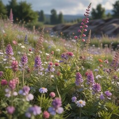 Obraz premium Dreamy sight of wildflowers swaying in the wind, swaying, bloom, sight, dreamy