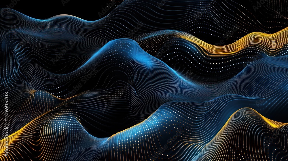 Poster abstract waves of blue and gold create a dynamic, flowing visual pattern against a dark background.