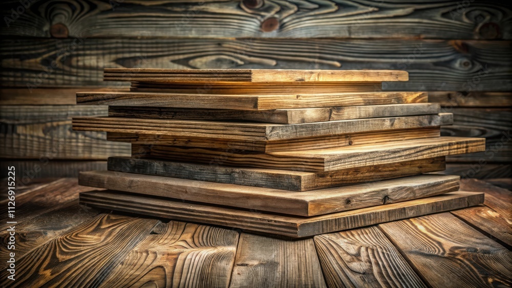 Poster a stack of weathered wooden boards on a rustic wooden table, perfect for creating a natural and text
