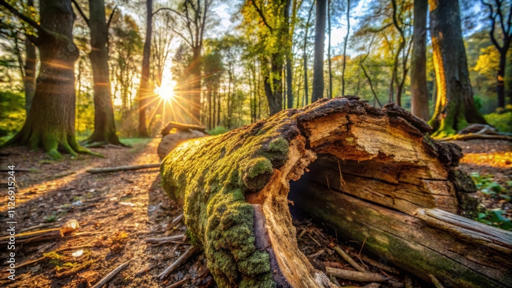 Poster A sunlit forest path leads to a moss-covered log, creating a natural archway through the trees.