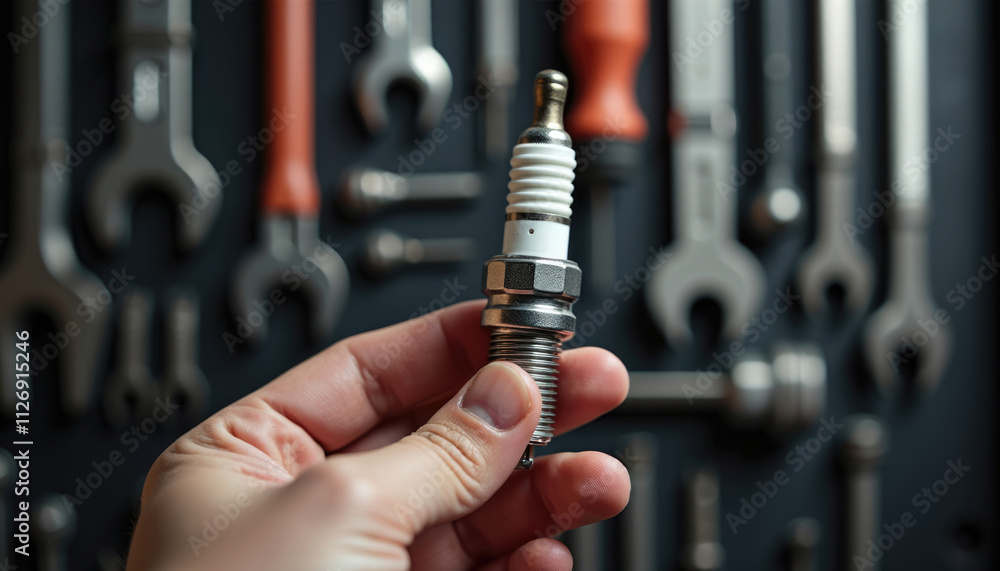 Poster a hand holds a spark plug against a blurred background of various tools.