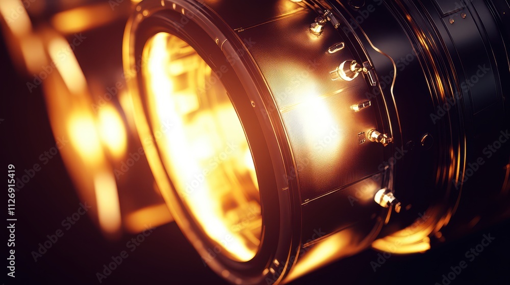 Poster stunning close-up of a high-performance camera lens with soft glowing light, showcasing precision en