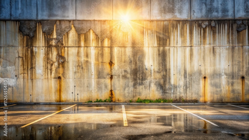 Poster sunlight through the cracks in a weathered concrete wall casting reflections on a wet parking lot