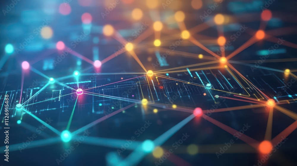 Poster a vibrant digital network with interconnected nodes and colorful lights, representing data flow and 