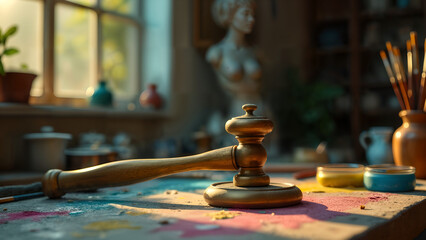 Obraz premium An ArtistÆs Antique Brass Hammer Surrounded by Creative Tools in a Sunlit Studio