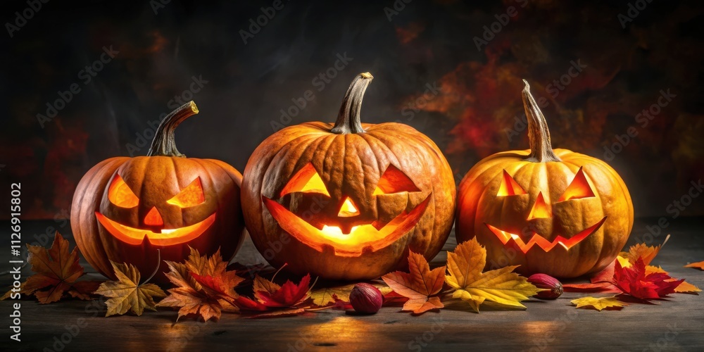 Poster illuminated jack-o-lanterns amidst a scattering of autumn leaves, creating a spooky yet festive hall