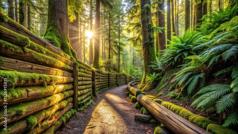 Poster Sunlight streams through the forest canopy, illuminating a winding path bordered by a moss-covered log fence. The vibrant green ferns and tall trees create a sense of tranquility and serenity.
