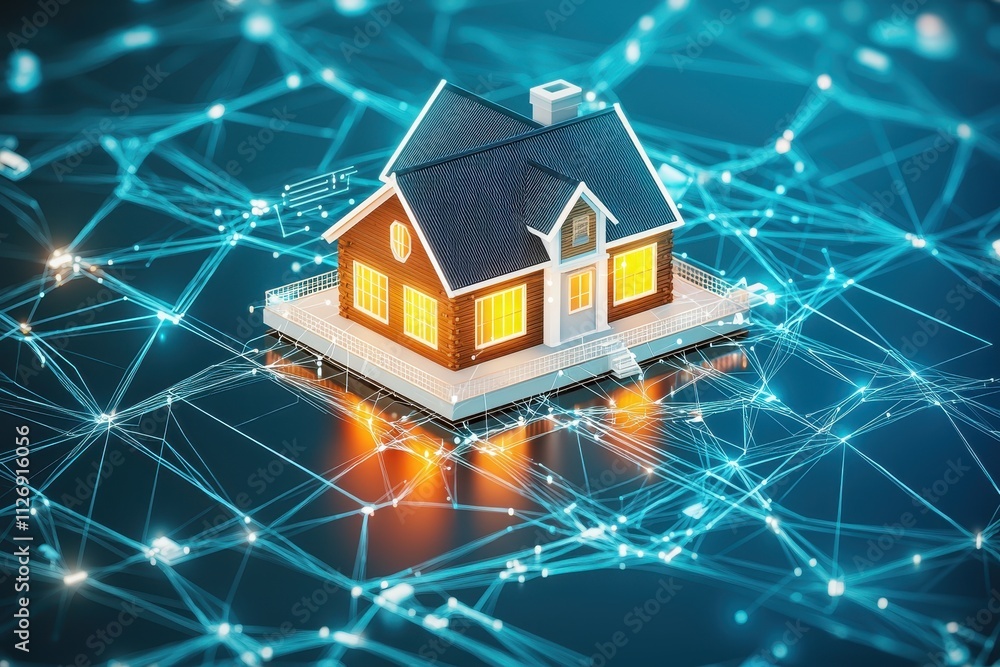 Poster a digital representation of a house connected to a network, symbolizing smart technology and connect