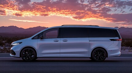 Obraz premium A sleek white minivan parked against a vibrant sunset backdrop in a desert landscape.