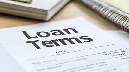 A document titled "Loan Terms" is prominently displayed on a wooden surface, accompanied by a notebook and a spiral binder.