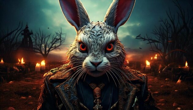 Scary easter bunny from horror, concept of evil deadly rabbit. Generative AI