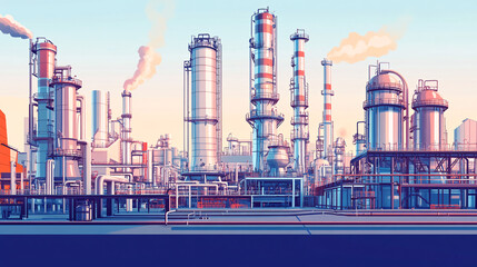 Obraz premium Technical illustration of a chemical refinery plant with distillation columns and pipelines, symbolizing industrial processes. 