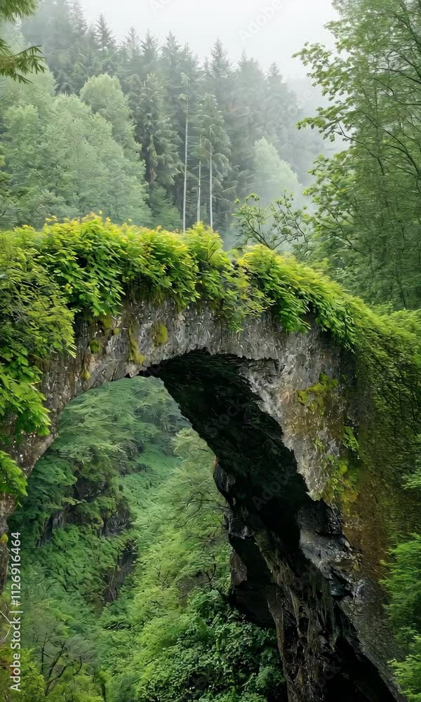 Poster a bridge over a forest with moss growing on it. the bridge is arched and the trees are green
