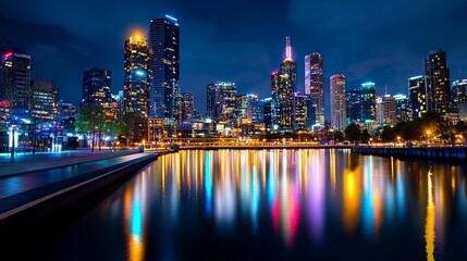 Fototapeta premium Stunning Nighttime View of a Vibrant City Skyline with Reflections on Water, Illuminated Buildings, and a Colorful Atmosphere in an Urban Landscape