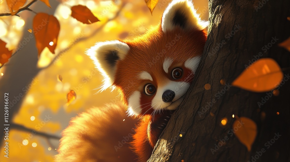 Poster a playful red panda peeks from behind a tree in a vibrant autumn setting.