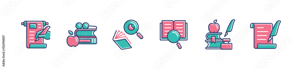 Aufkleber writing literature study research icon set education library learning read book magnifier search cog