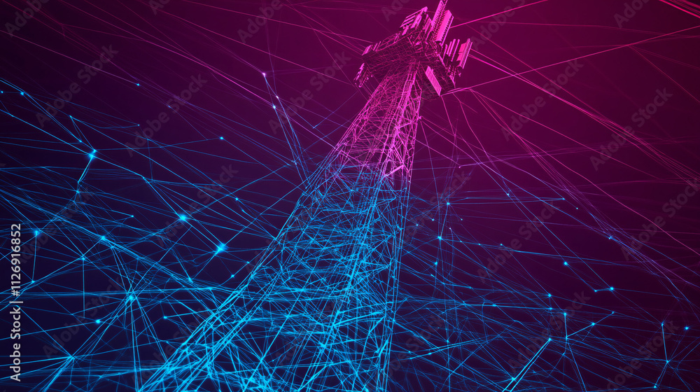 Poster technical line drawing of a telecommunications tower, surrounded by a digital grid, representing glo